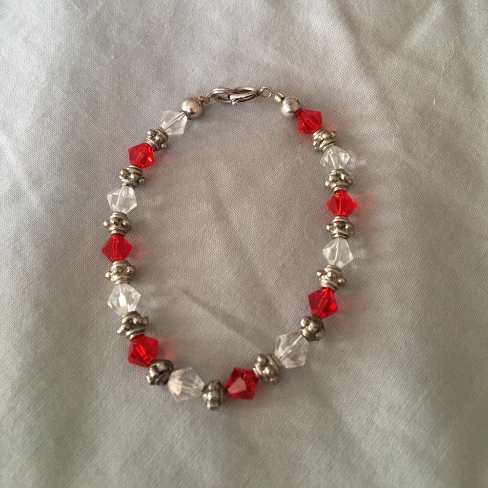 Red & Clear Crystal Beaded Bracelet | Petite 6” Silver Tone
